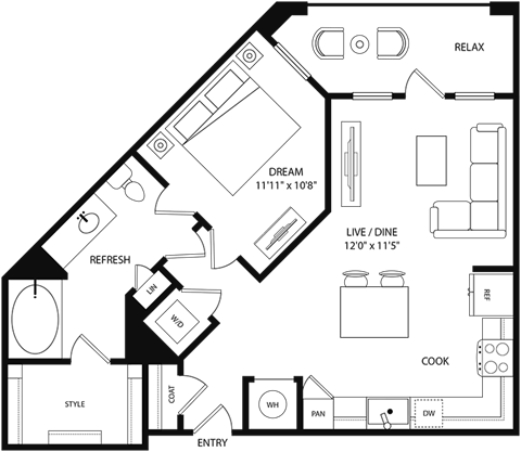 A floor plan of a house with labeled rooms such as RELAX, DREAM, and COOK.